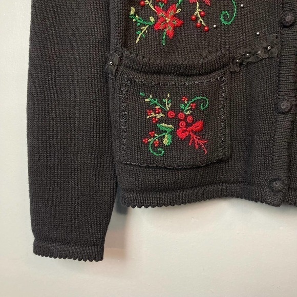 ERIKA Poinsettia Christmas Holiday Beaded Embroidered Cardigan Sweater Size M - Picture 8 of 12